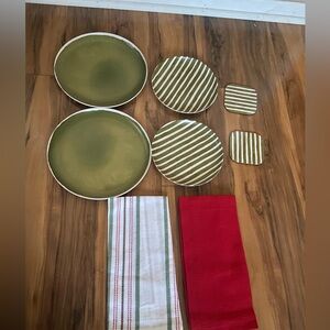 Threshold plate set with kitchen towels coasters stripes
